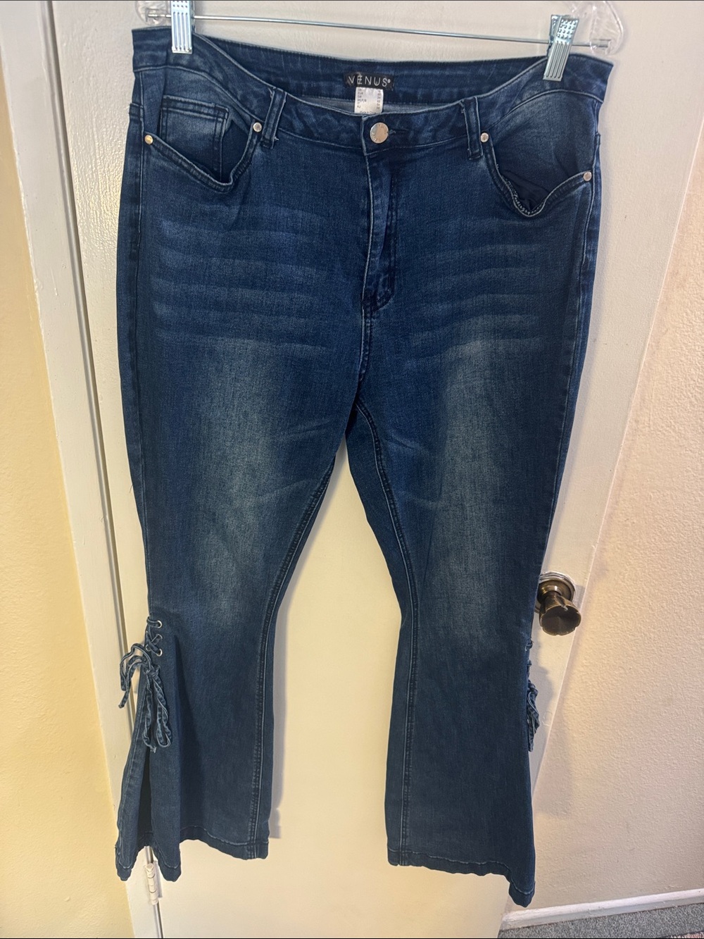 Venus Dark Blue Lace-Up Hem Women's Jeans
